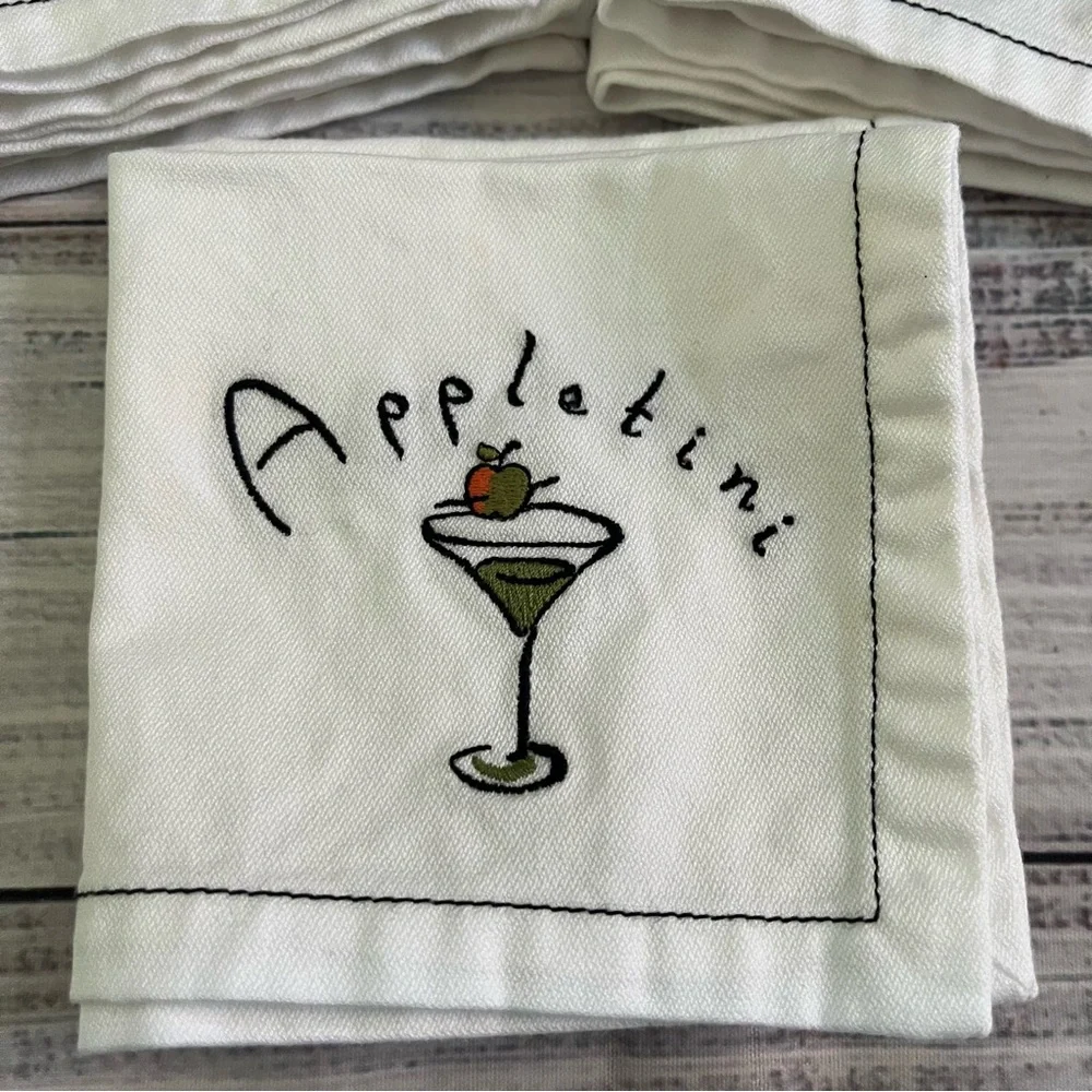 Pottery Barn Embroidered Cocktail Napkins Lemon Drop/Blue Moon/Appletini